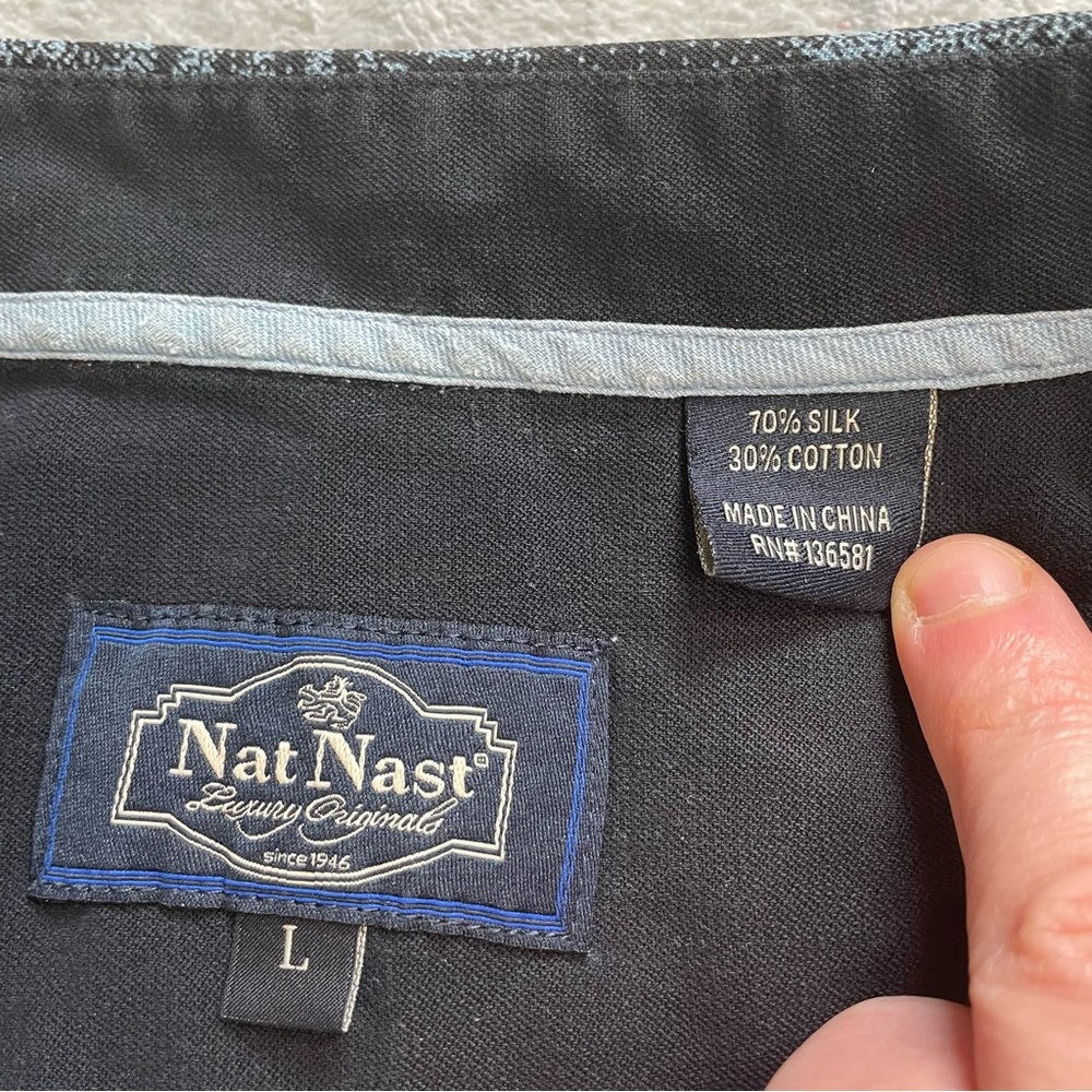 Nat Nast Shirt Large Mens Silk Blend Tropical Hawaiian Palm Print Blue Button Up - Picture 3 of 7